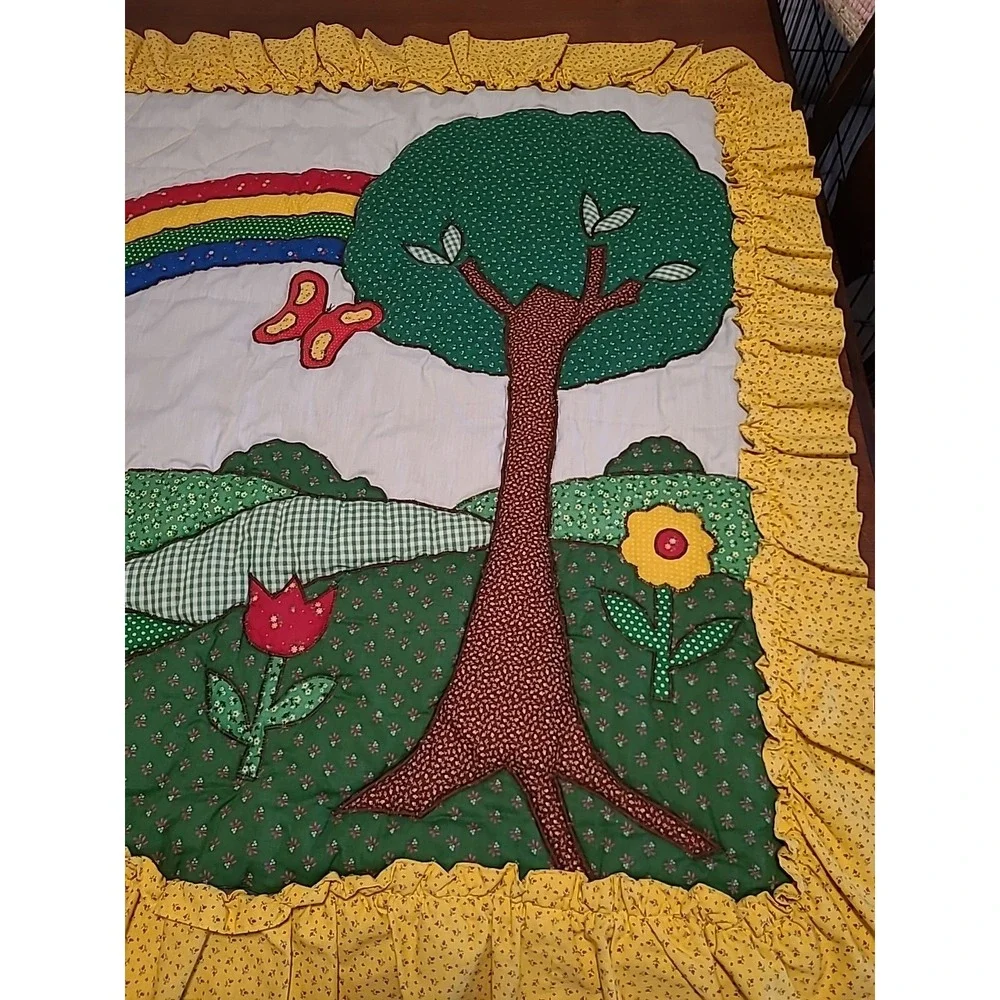 Small Calico Quilt Rainbow Flowers Sunshine Butterfly Tree Yellow Green 45